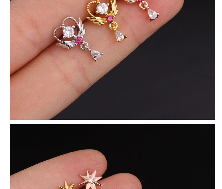 Fashion Rose Gold 2# Stainless Steel Threaded Geometric Earrings With Zircon Flowers,Earrings
