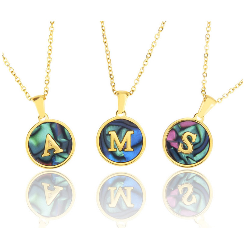 Fashion O Gold Color Stainless Steel Round Letter Abalone Necklace,Necklaces