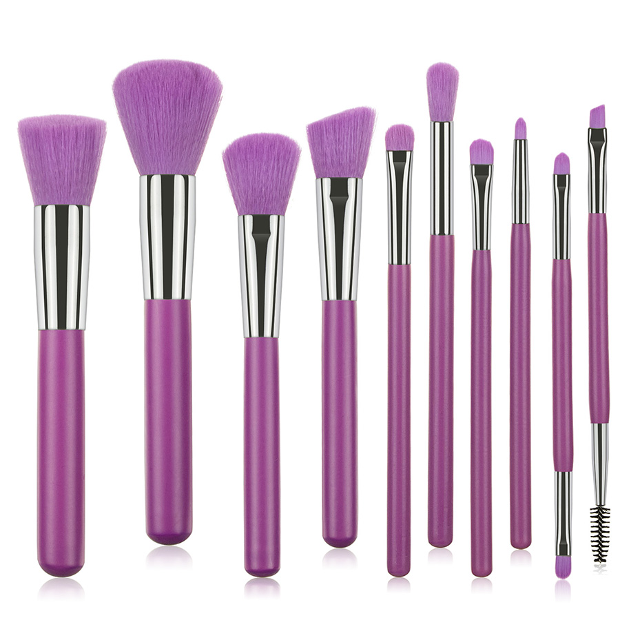 Fashion Purple 10pcs Plastic Handle Aluminum Tube Nylon Hair Makeup Brush Set,Beauty tools