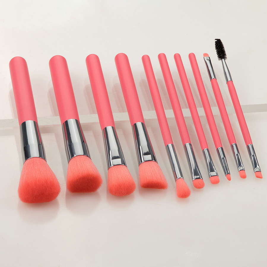 Fashion Red 10pcs Plastic Handle Aluminum Tube Nylon Hair Makeup Brush Set,Beauty tools