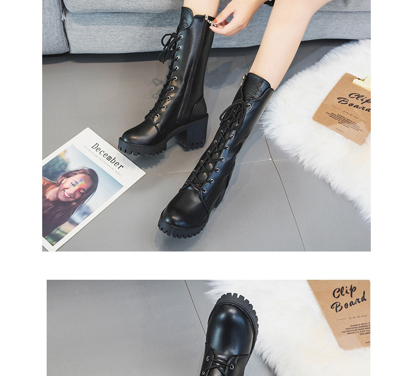 Fashion Black Chunky High Heel Round Toe Side Zipper Martin Boots,Slippers
