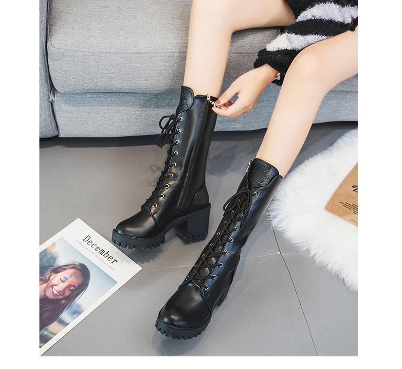 Fashion Black Chunky High Heel Round Toe Side Zipper Martin Boots,Slippers
