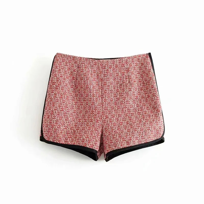 Fashion Pink Tweed Contrast Shorts,Shorts