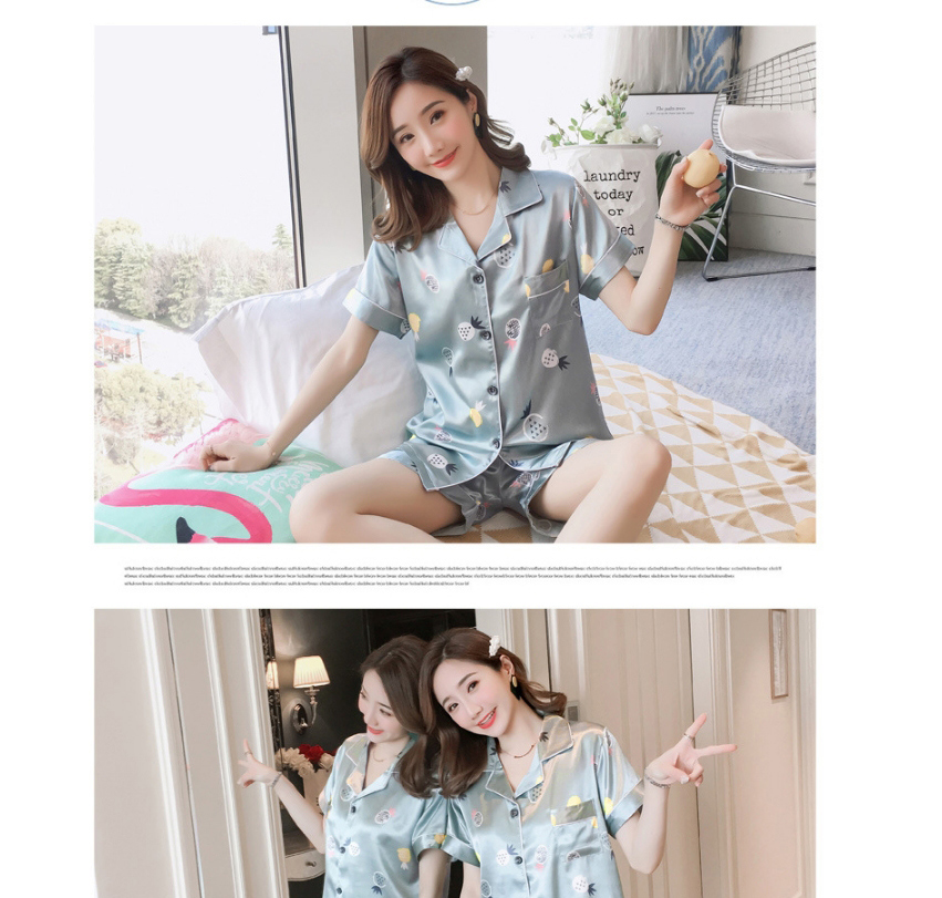 Fashion Blue Daisy Faux Silk Printed Cardigan Short-sleeved Thin Homewear Pajamas Set,CURVE SLEEP & LOUNGE