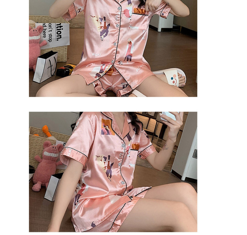 Fashion Pink Strawberry Faux Silk Printed Cardigan Short-sleeved Thin Homewear Pajamas Set,CURVE SLEEP & LOUNGE