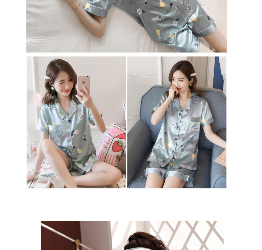 Fashion Blue Daisy Faux Silk Printed Cardigan Short-sleeved Thin Homewear Pajamas Set,CURVE SLEEP & LOUNGE