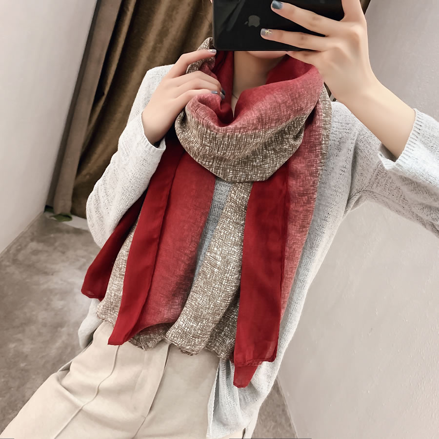 Fashion Red Gradient Print Contrast Scarf Shawl,Thin Scaves