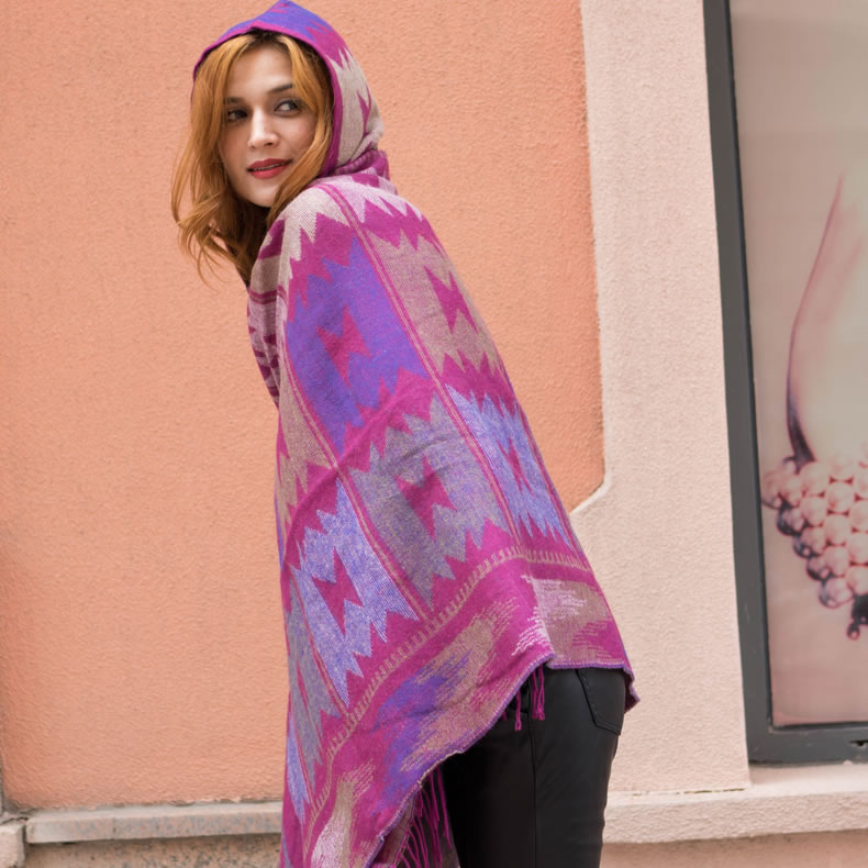 Fashion Purple Hooded Cape With Jacquard Horn Buckle Imitation Cashmere Fringed Shawl,knitting Wool Scaves