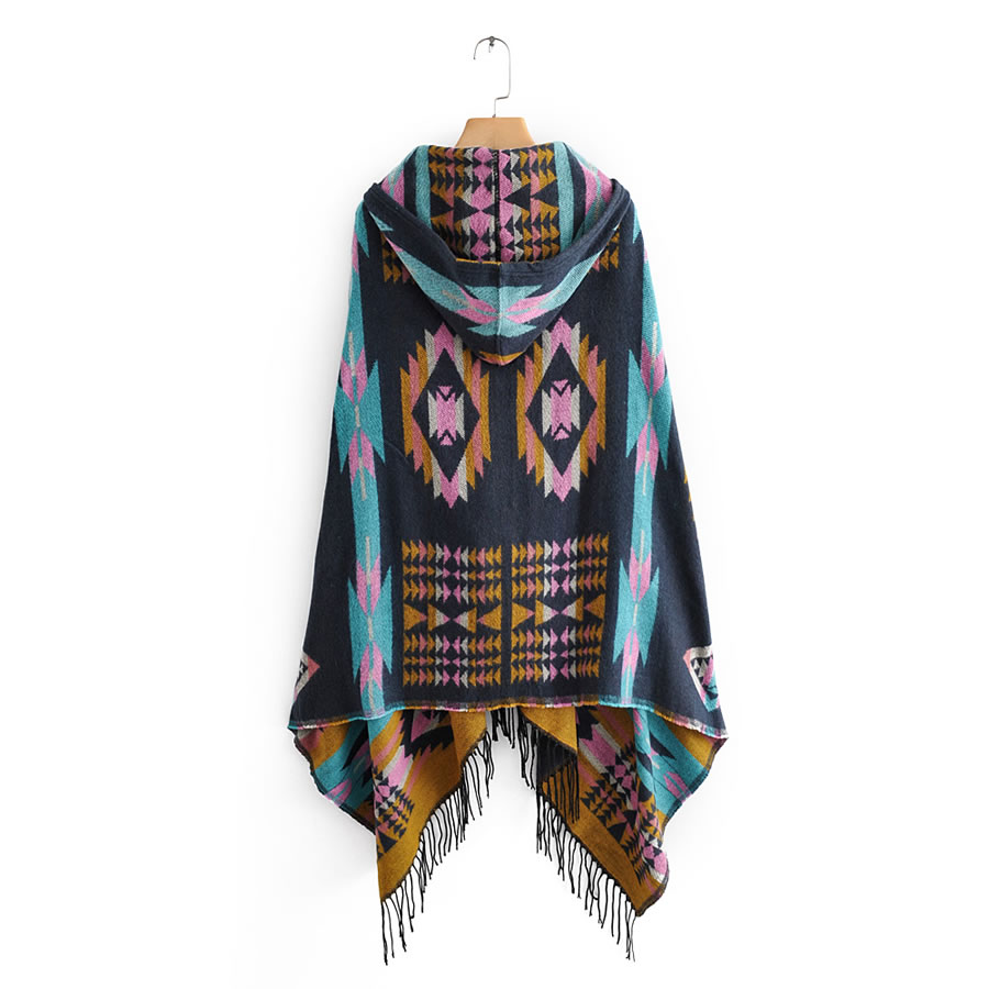 Fashion Purple Hooded Cape With Jacquard Horn Buckle Imitation Cashmere Fringed Shawl,knitting Wool Scaves
