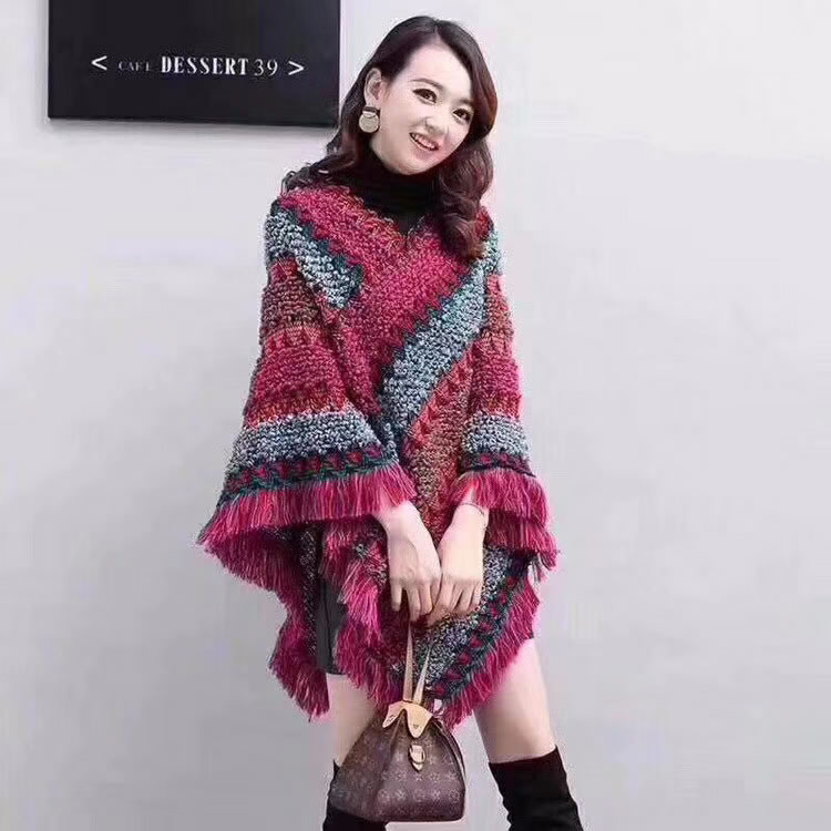 Fashion Cyan Contrasting Raw Edge Knitted Bat Pullover Shawl,Thin Scaves