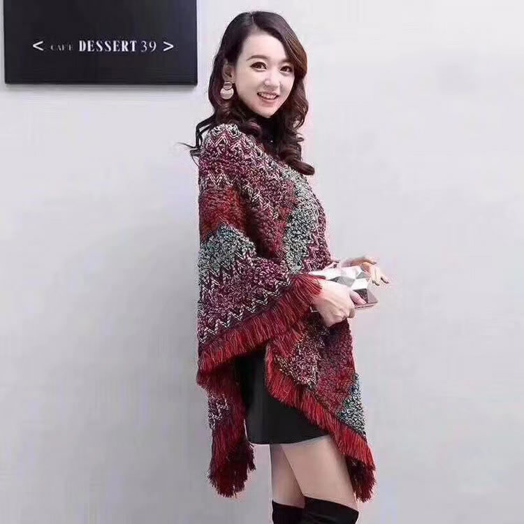 Fashion Rose Red Contrasting Raw Edge Knitted Bat Pullover Shawl,Thin Scaves