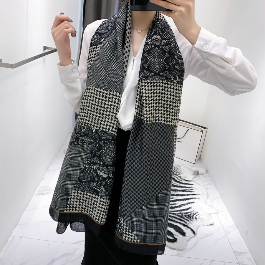 Fashion Black Houndstooth Snake Print Scarf Shawl With Contrast Trim,Thin Scaves