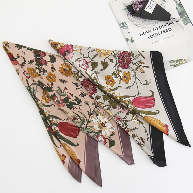 Fashion Navy Flower Print Imitation Silk Small Square Scarf,Thin Scaves