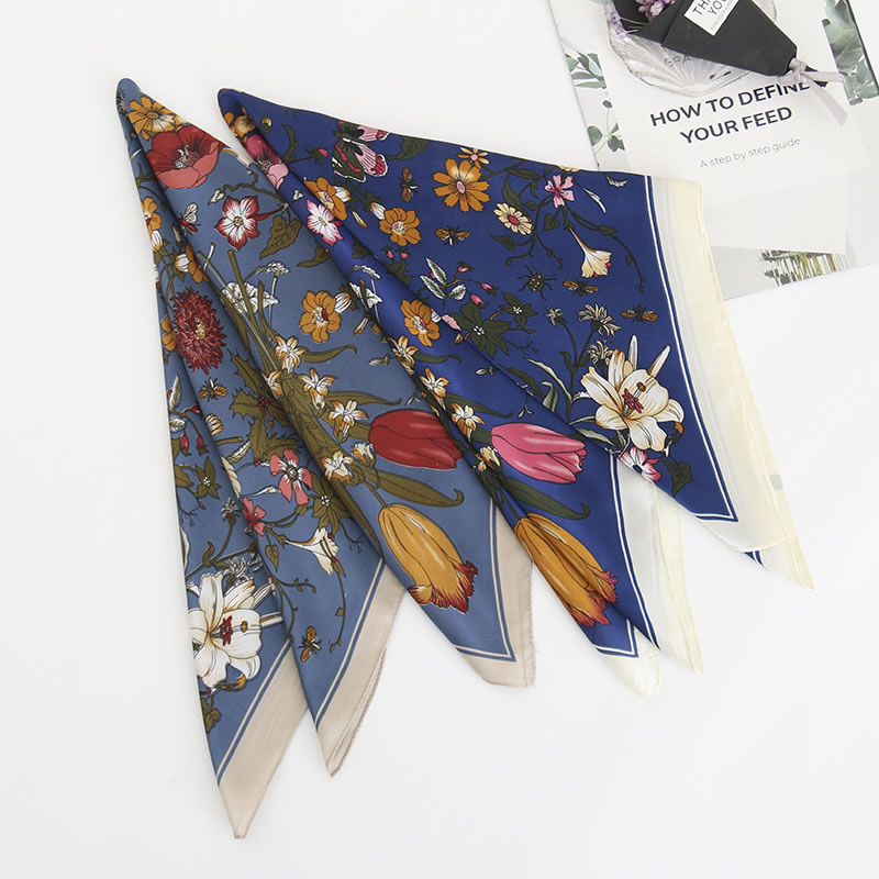Fashion Beige Flower Print Imitation Silk Small Square Scarf,Thin Scaves