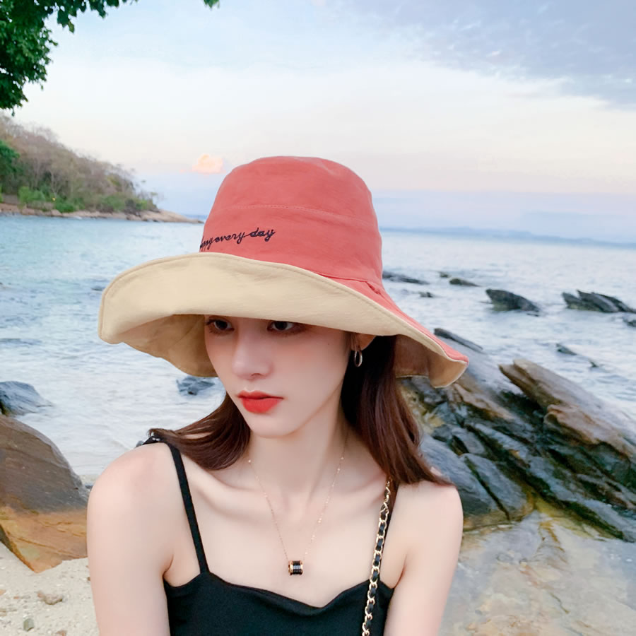 Fashion Yellow+black Smiley Letter Embroidery Foldable Double-sided Fisherman Hat,Sun Hats