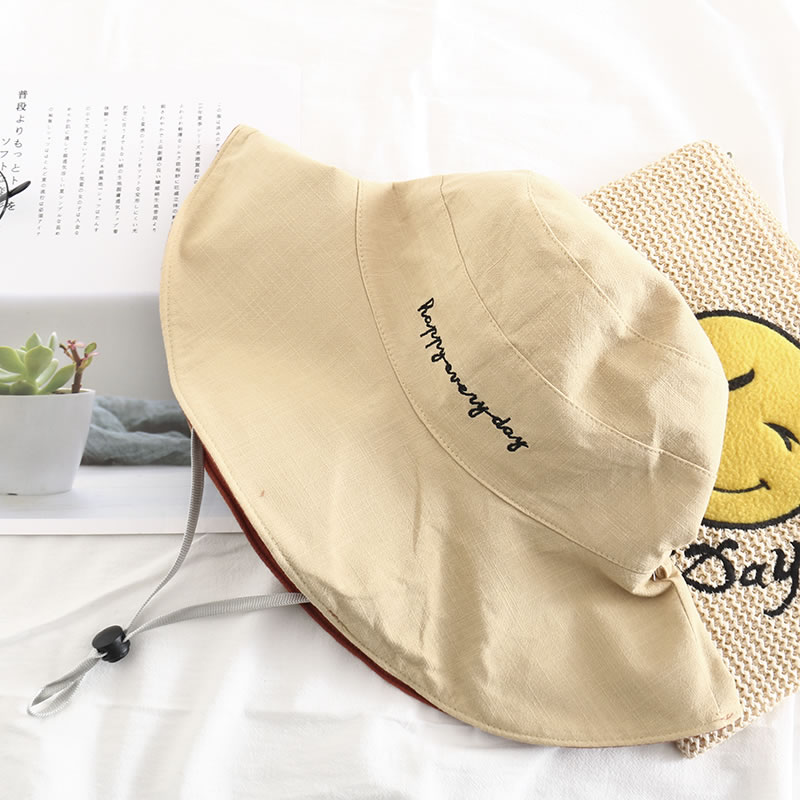 Fashion Brick Red + Khaki Smiley Letters Embroidery Foldable Double-sided Fisherman Hat,Sun Hats