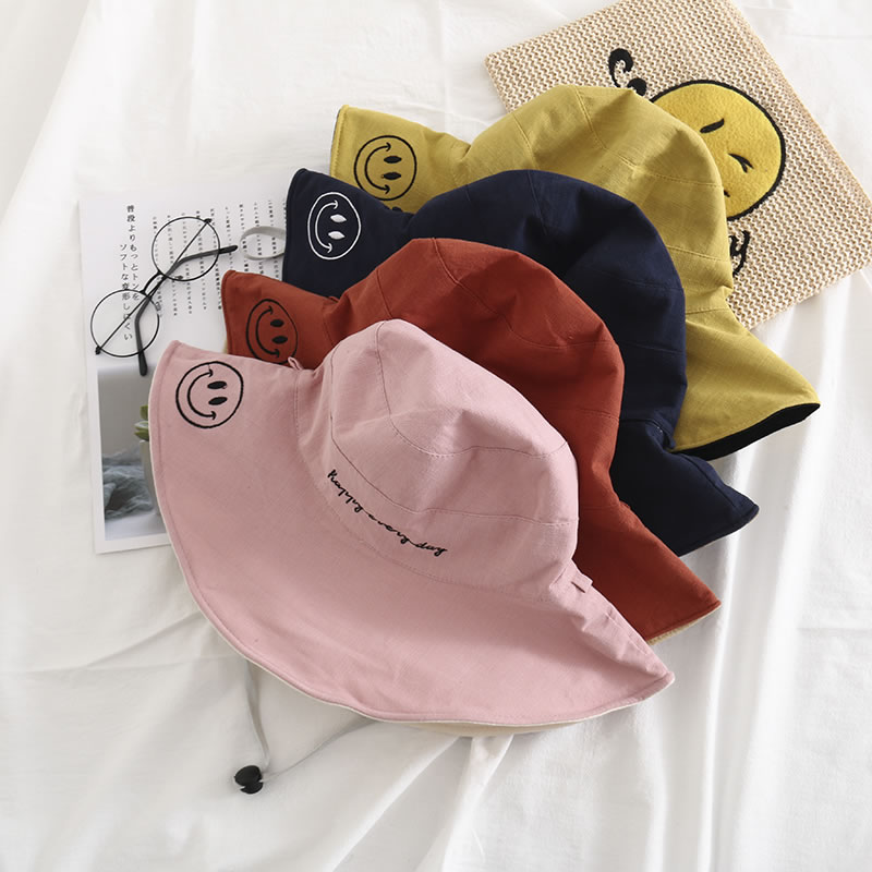 Fashion Navy Blue + Light Coffee Color Smiley Letter Embroidery Foldable Double-sided Fisherman Hat,Sun Hats