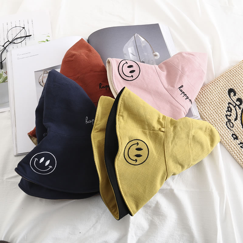 Fashion Navy Blue + Light Coffee Color Smiley Letter Embroidery Foldable Double-sided Fisherman Hat,Sun Hats