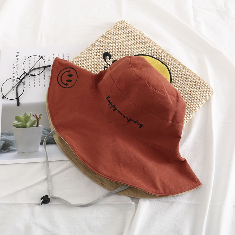 Fashion Brick Red + Khaki Smiley Letters Embroidery Foldable Double-sided Fisherman Hat,Sun Hats