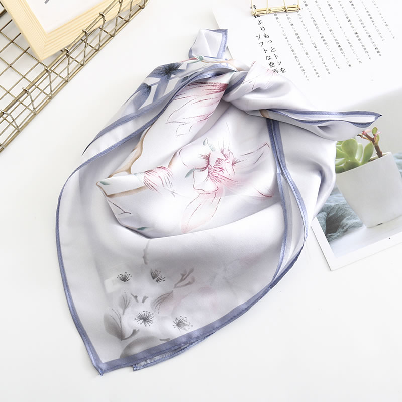 Fashion Light Blue Silk Scarf With Magnolia Print,Thin Scaves