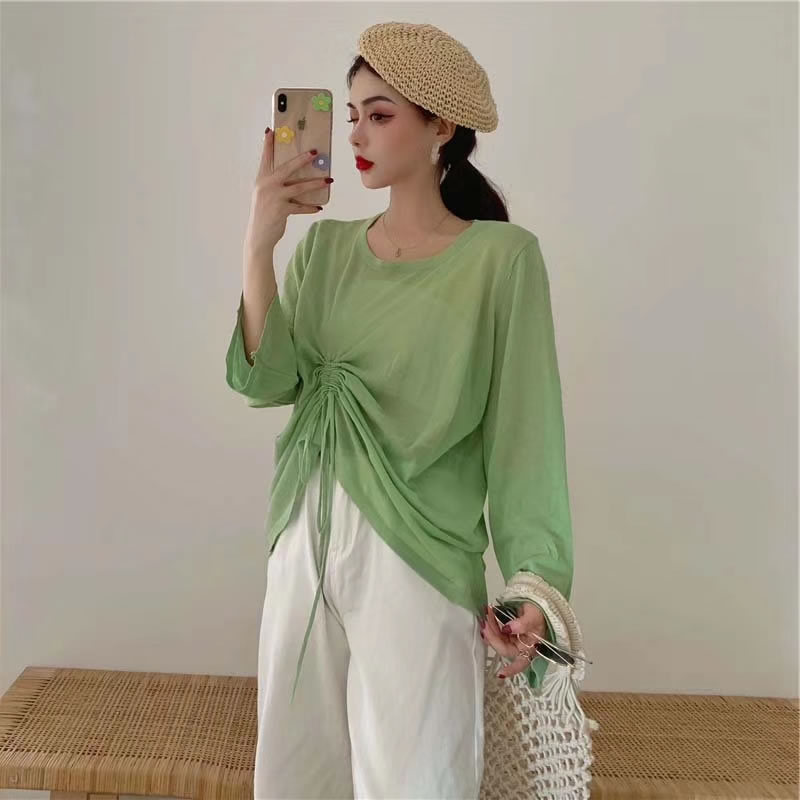 Fashion Avocado Green Pure Color Drawstring Long-sleeved Mesh Sunscreen,Sunscreen Shirts