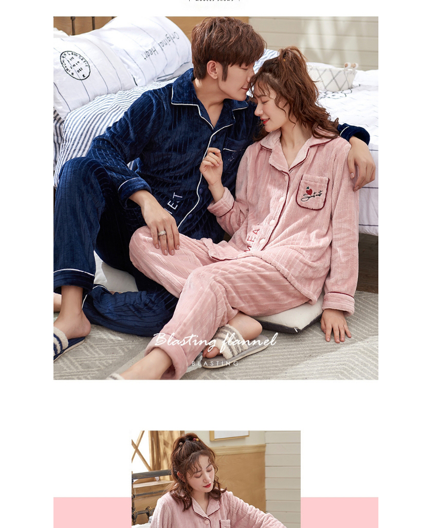 Fashion Mens Pink Blue Mens Cardigan Single-breasted Coral Fleece Couple Pajamas Home Service Set,SLEEPWEAR & UNDERWEAR