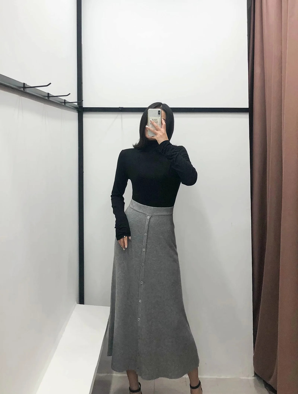 Fashion Gray Button-knit Elastic Waist Skirt,Skirts