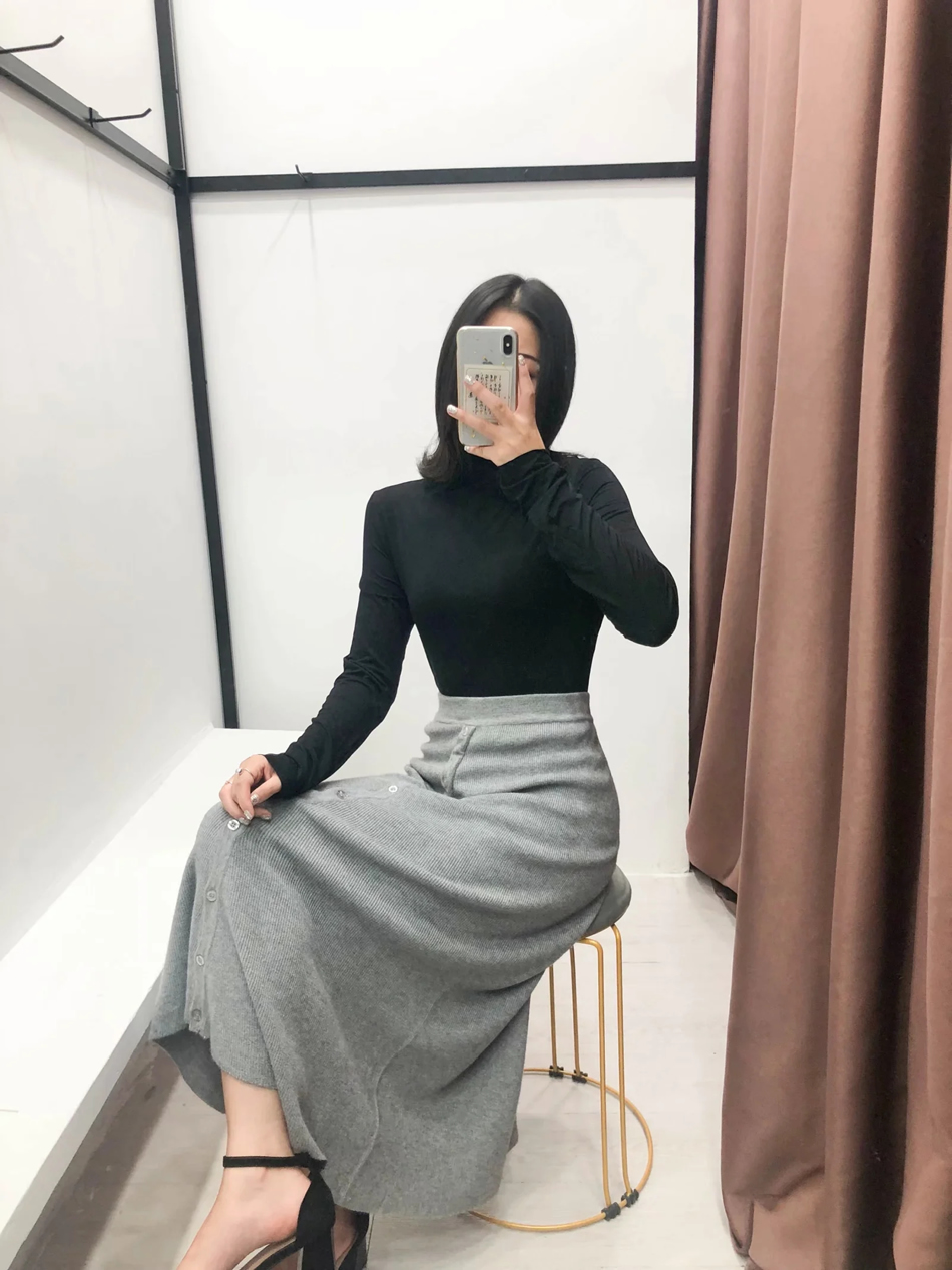 Fashion Gray Button-knit Elastic Waist Skirt,Skirts