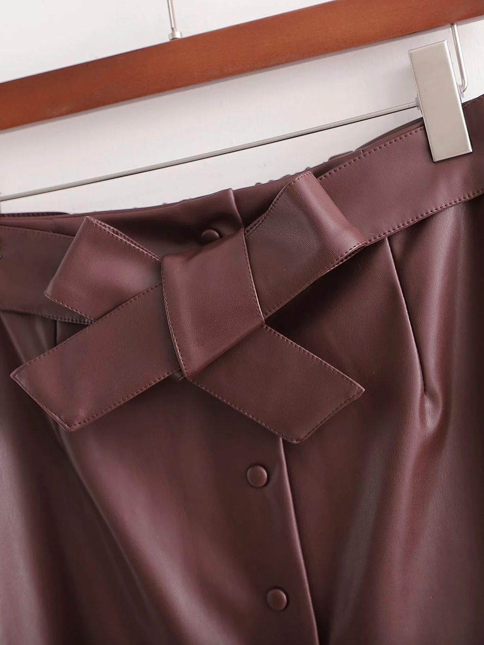 Fashion Red-brown Faux Leather Bow Skirt With Elastic Waist,Skirts