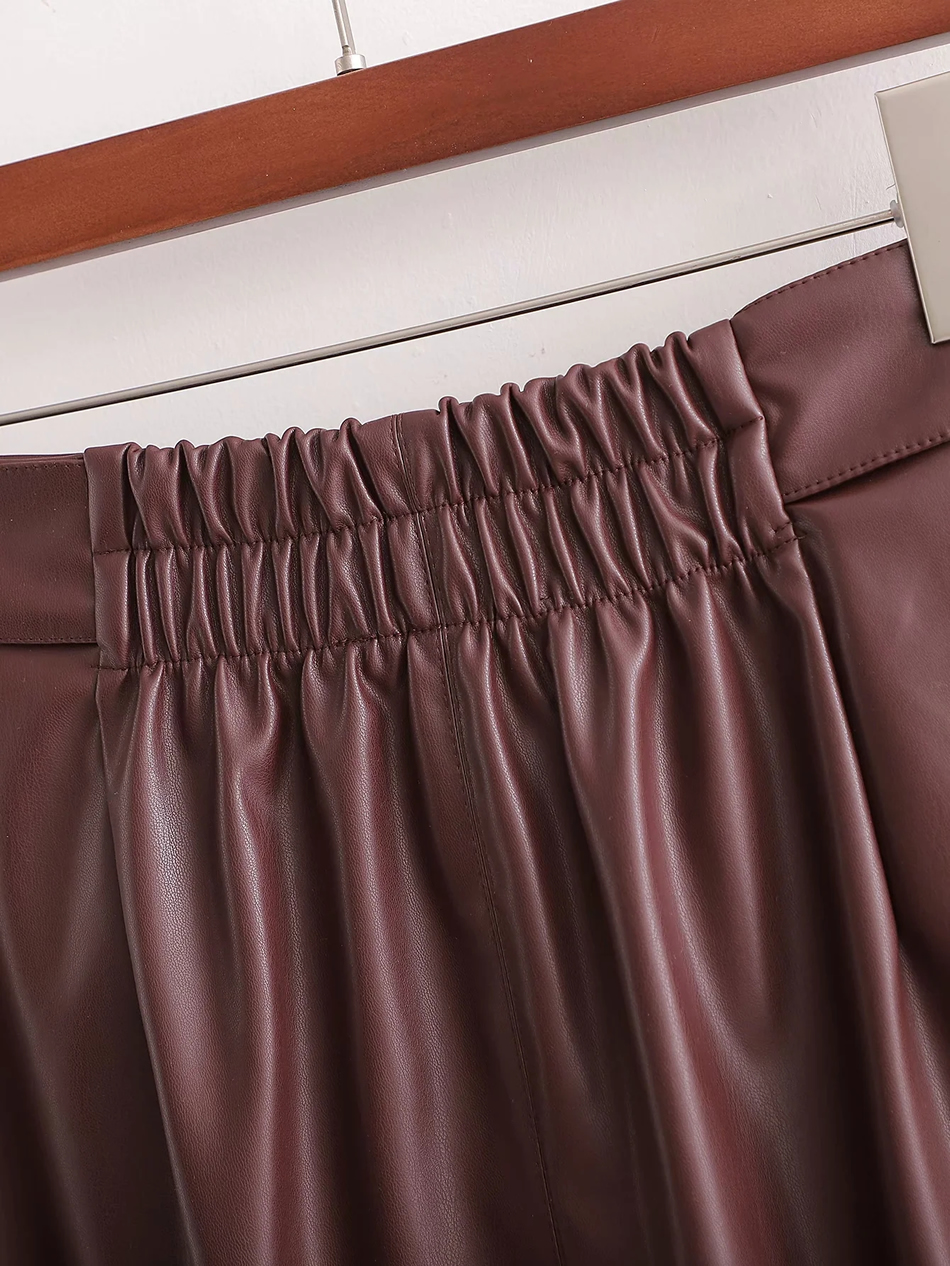 Fashion Red-brown Faux Leather Bow Skirt With Elastic Waist,Skirts