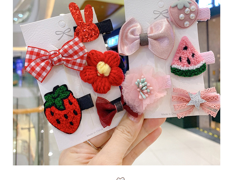 Fashion Pink Watermelon [5 Piece Set] Children S Hairpin With Cloth-wrapped Fruit And Flower Lattice,Hairpins