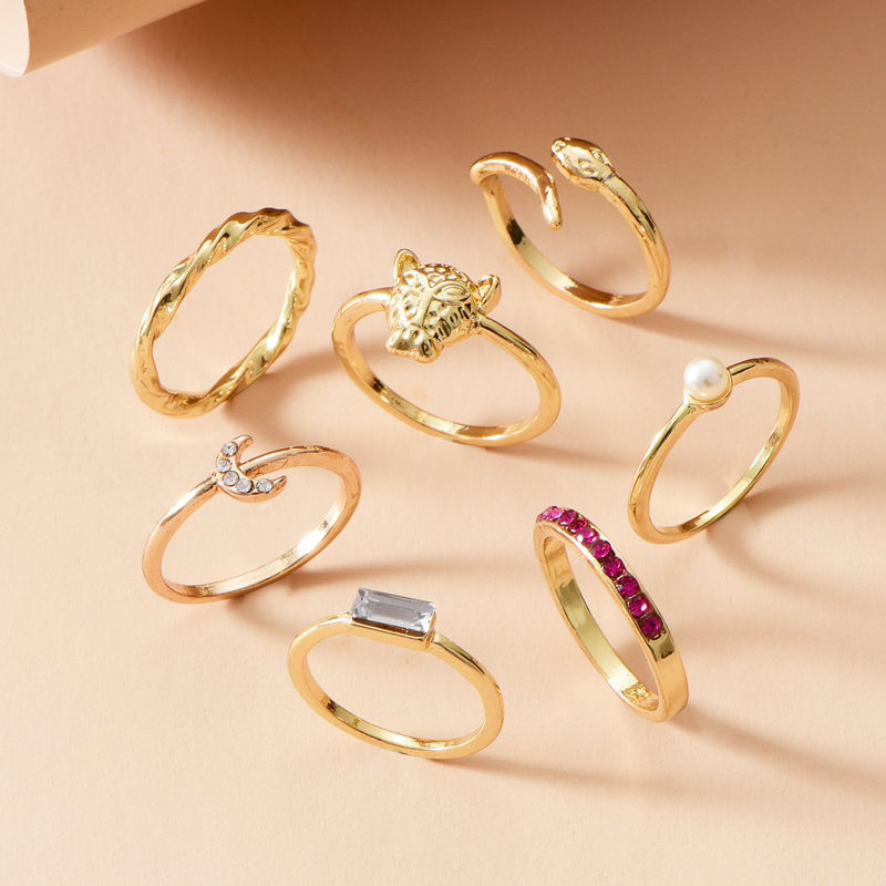 Fashion Gold Color Leopard Head Diamond Serpentine Moon Alloy Ring Set,Rings Set