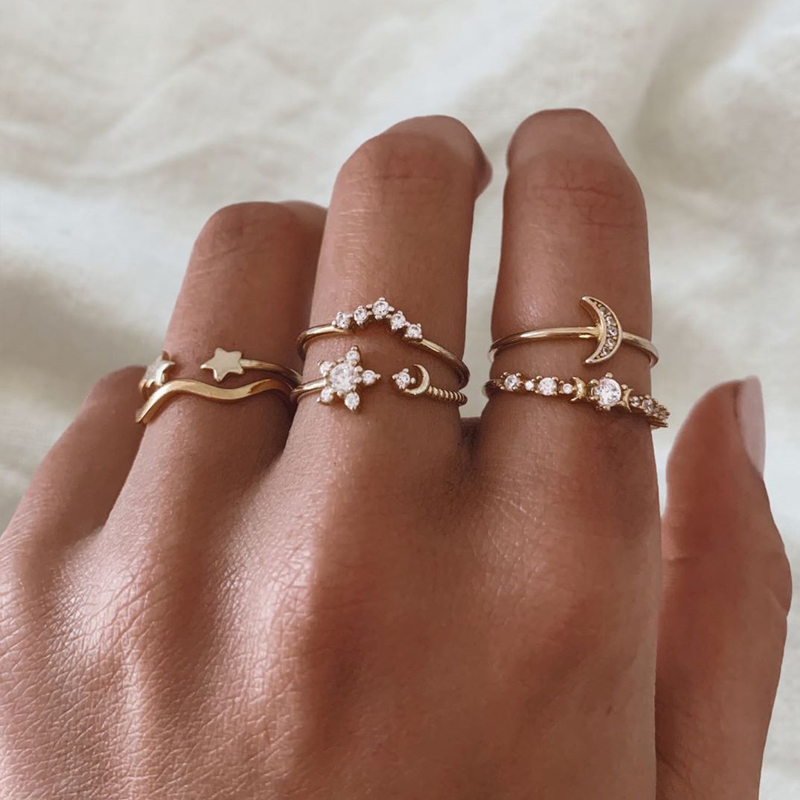 Fashion Gold Color Snowflake Diamond Star Moon Alloy Ring Set,Rings Set
