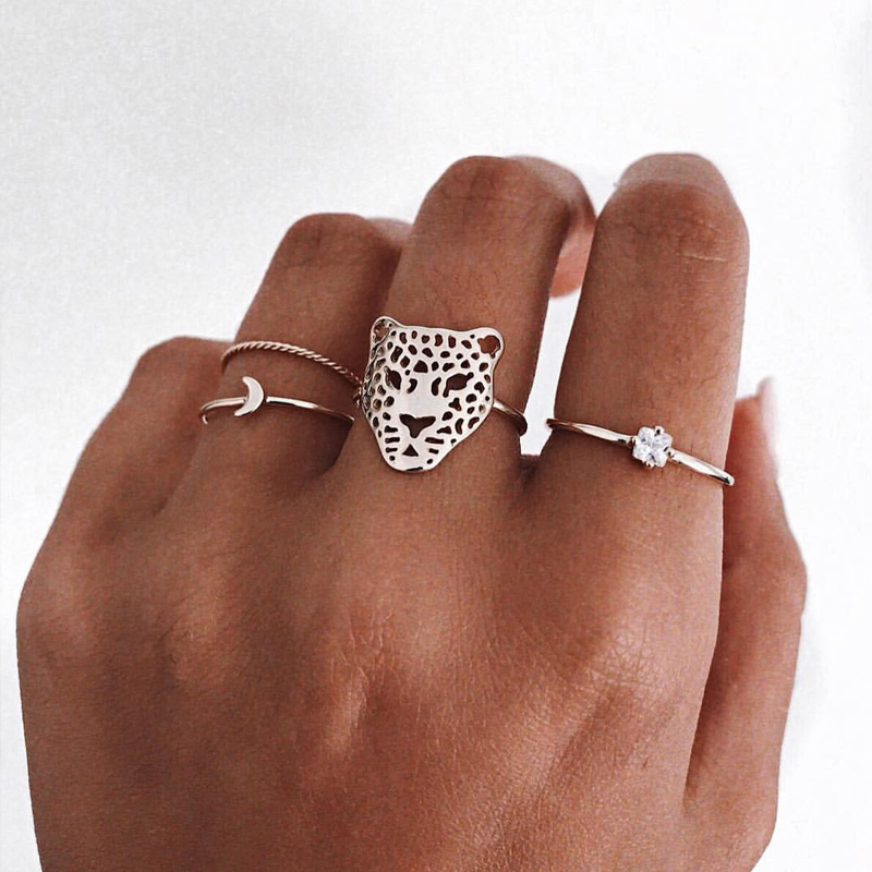 Fashion Silver Color Leopard Head Hollow Geometric Alloy Ring Set,Rings Set
