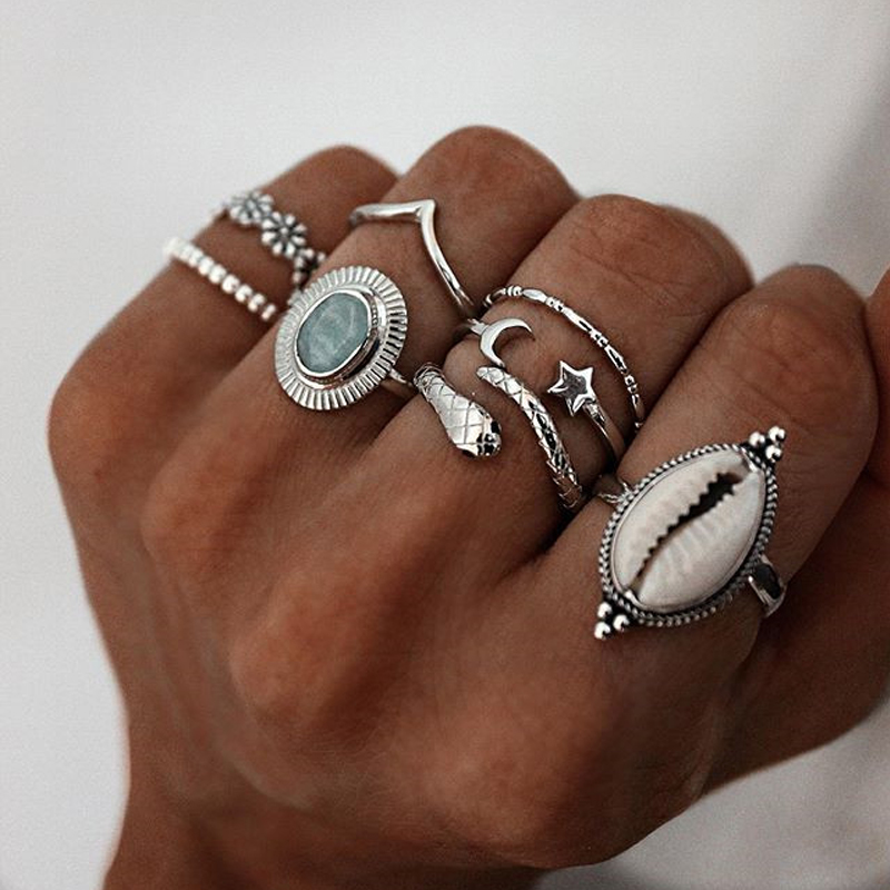 Fashion Silver Color Shell Snake Shaped Star And Moon Alloy Ring Set,Rings Set