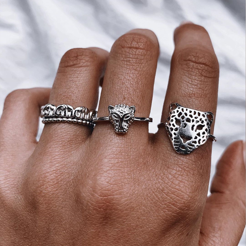 Fashion Silver Color Leopard Head Alloy Hollow Ring Set,Rings Set