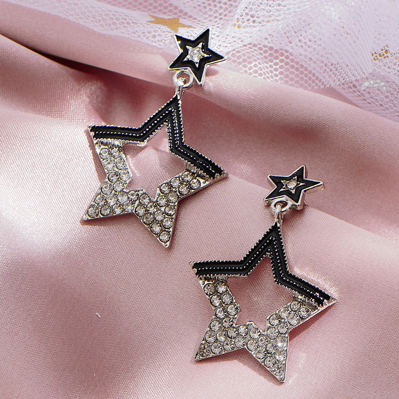 Fashion Silver Color Hollow Five-pointed Star Geometric Diamond Earrings,Drop Earrings