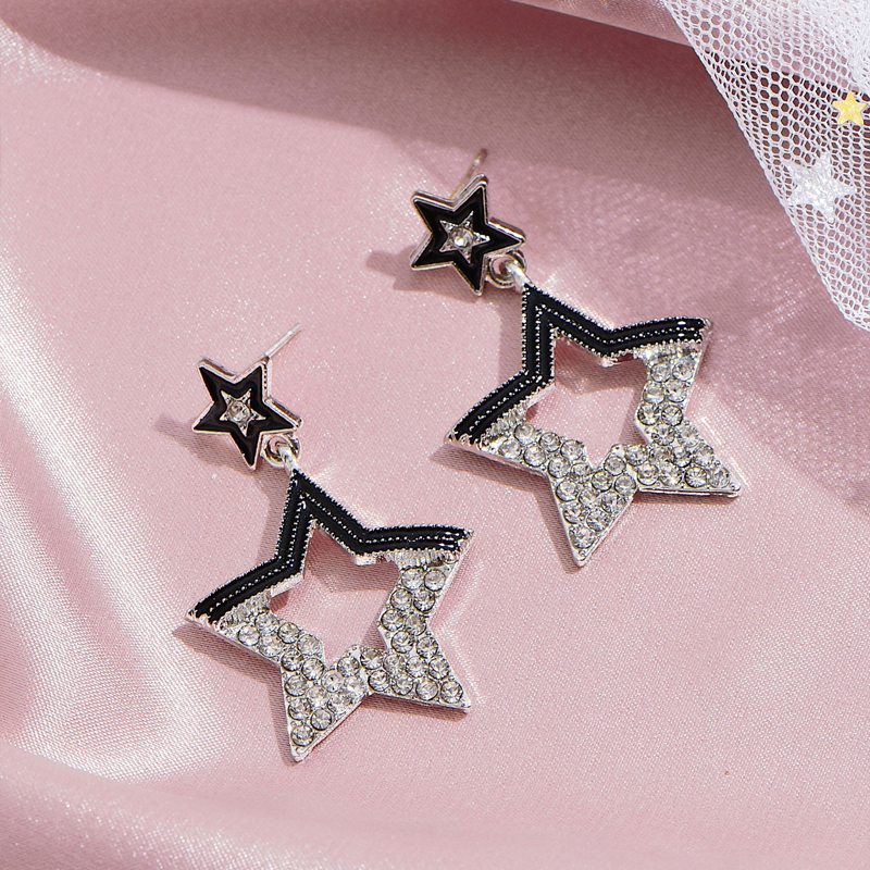 Fashion Silver Color Hollow Five-pointed Star Geometric Diamond Earrings,Drop Earrings