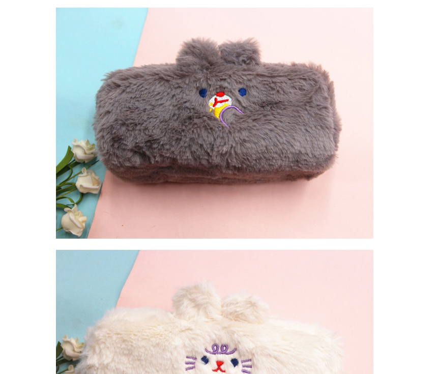 Fashion Gray Large Capacity Plush Embroidery Bear Ear Stationery Bag,Pencil Case/Paper Bags