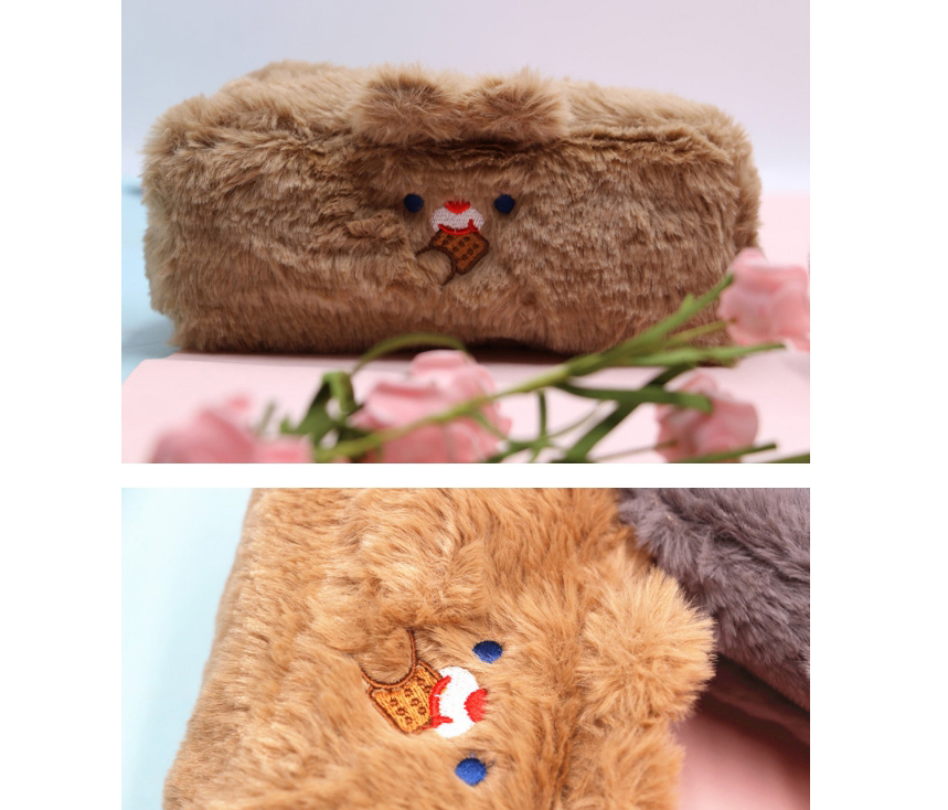 Fashion Brown Large Capacity Plush Embroidery Bear Ear Stationery Bag,Pencil Case/Paper Bags