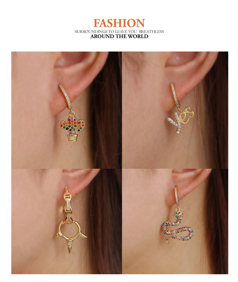 Fashion 3#gold Color Copper Inlaid Zircon Letter No Earrings (1pcs),Earrings