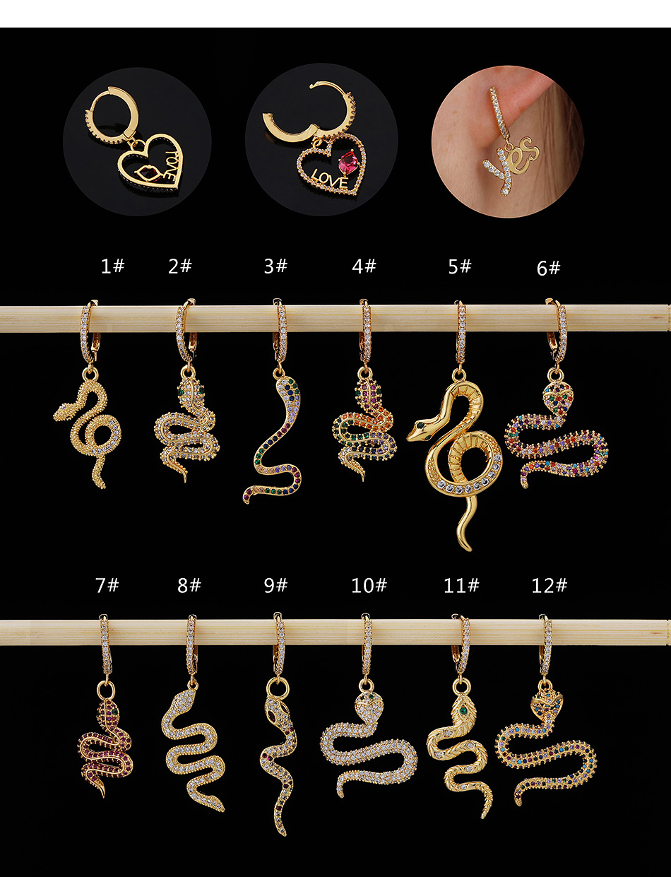 Fashion 11#gold Color Copper Inlaid Zircon Snake Earrings (1pcs),Earrings
