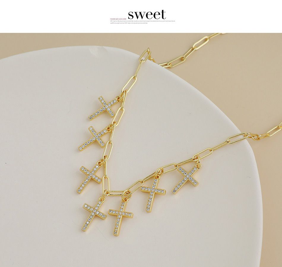 Fashion 2#gold Color Copper Inlaid Zircon Cross Necklace,Necklaces