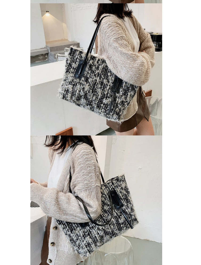 Fashion Black Woolen Stitching Large Capacity One-shoulder Messenger Bag,Shoulder bags