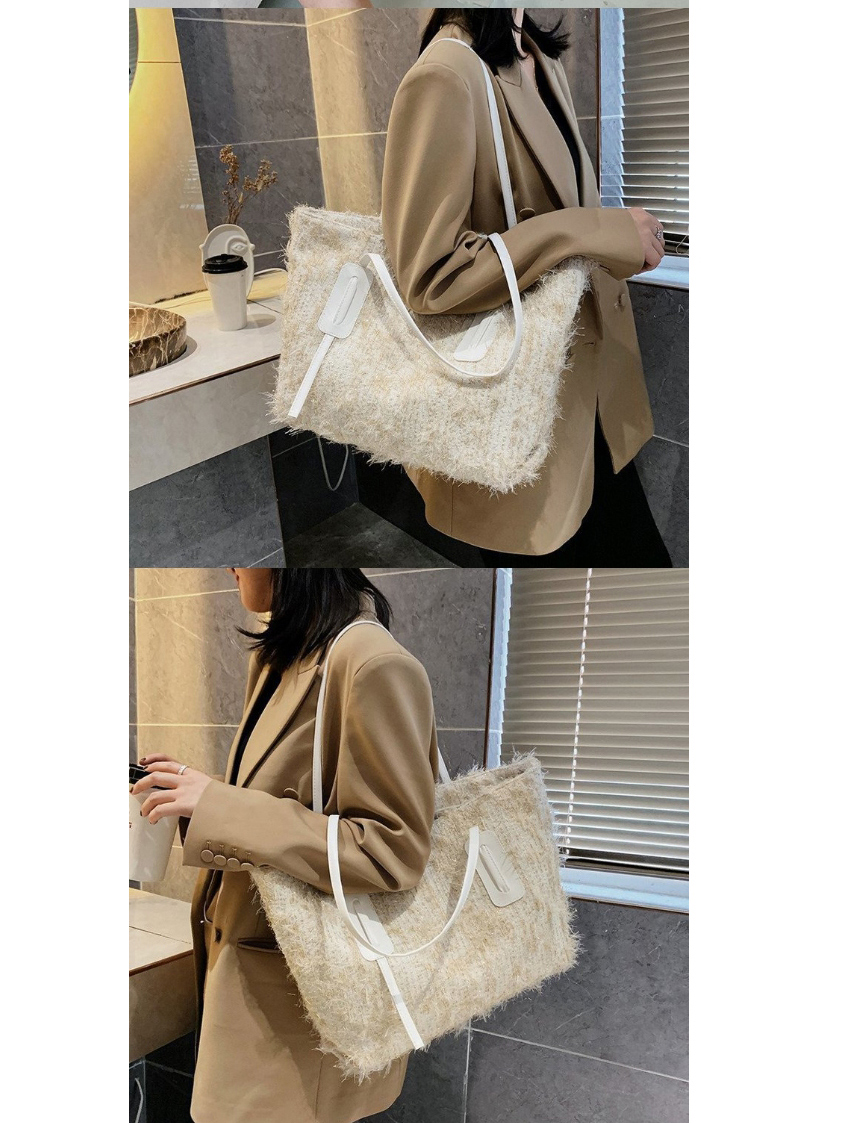 Fashion Beige Woolen Stitching Large Capacity One-shoulder Messenger Bag,Shoulder bags