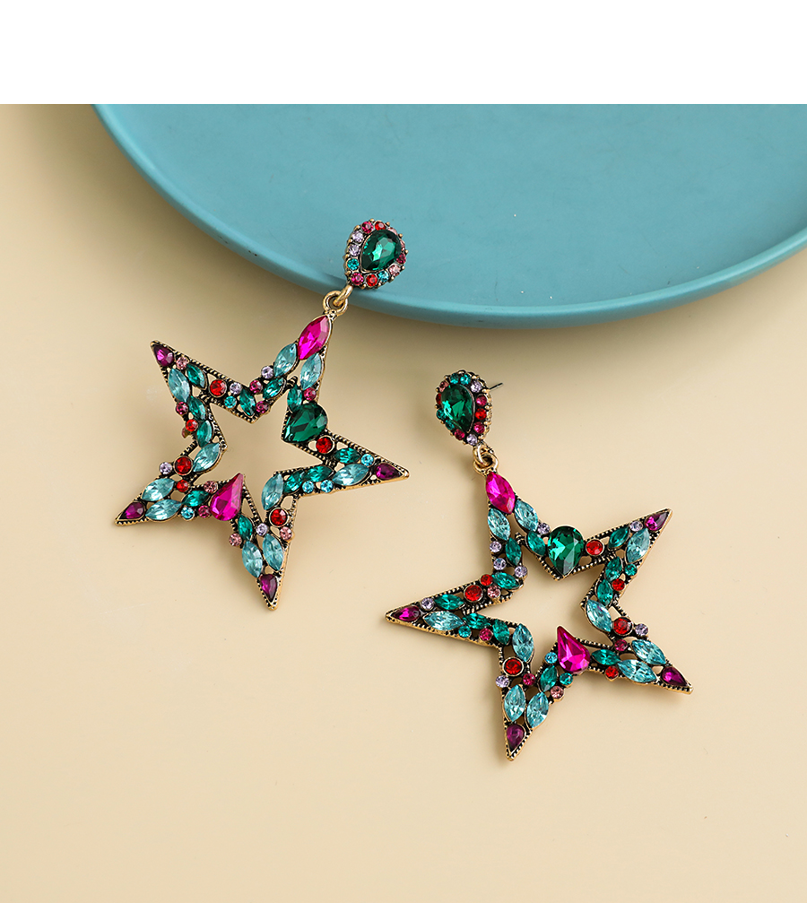  Green Alloy Diamond Hollow Five-pointed Star Earrings,Drop Earrings