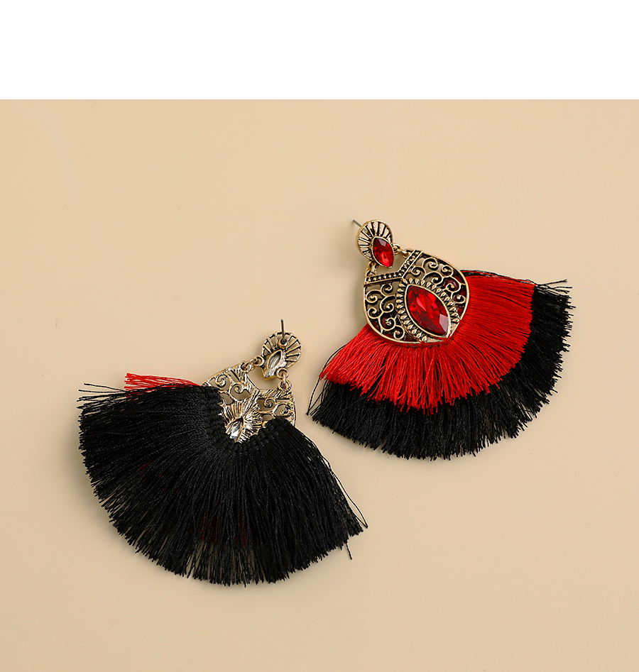  Red Alloy Diamond-studded Clan Style Double Tassel Earrings,Drop Earrings