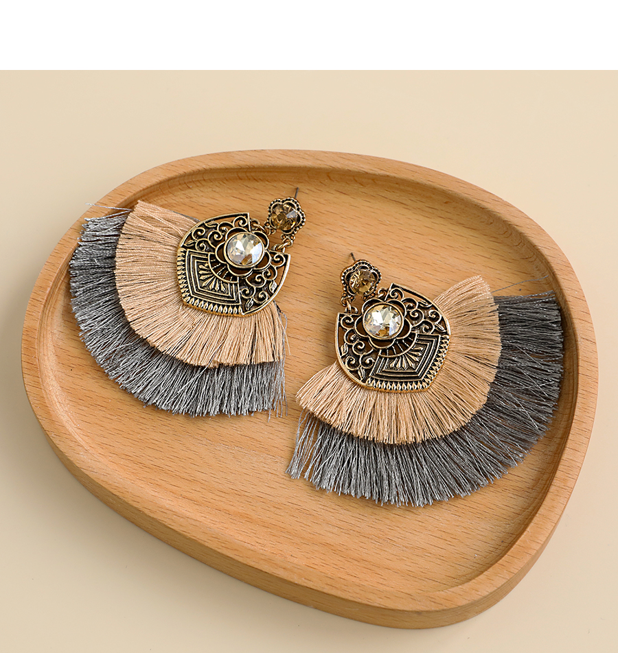  Khaki Alloy Diamond-studded Clan Style Double Tassel Earrings,Drop Earrings