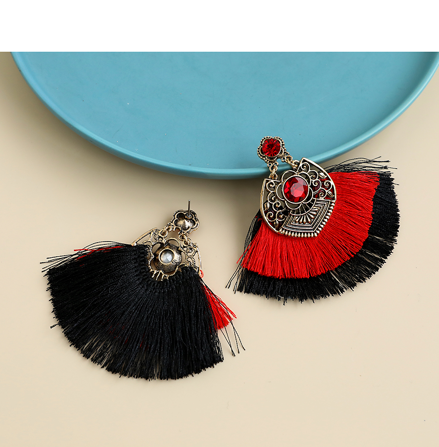  Red Alloy Diamond-studded Clan Style Double Tassel Earrings,Drop Earrings