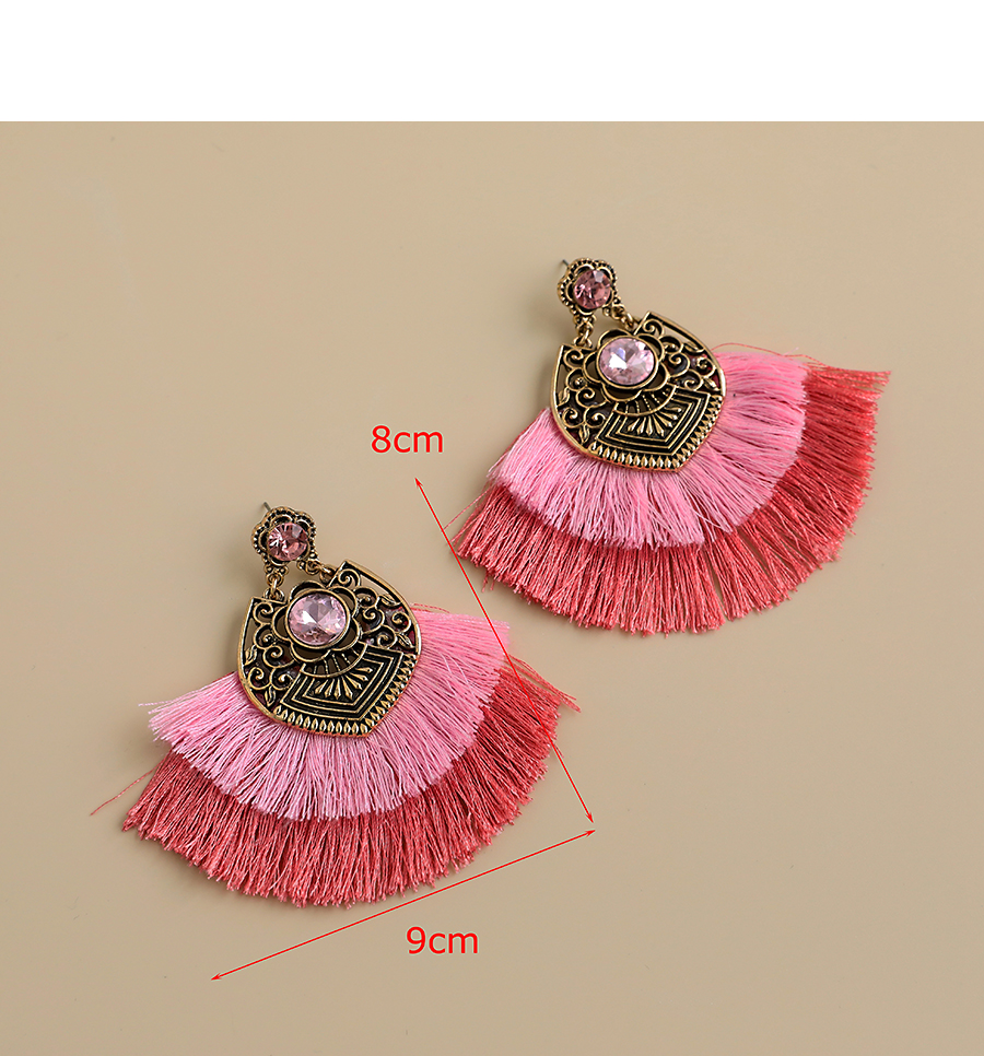  Pink Alloy Diamond-studded Clan Style Double Tassel Earrings,Drop Earrings